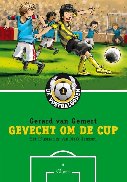Boekomslag van Gevecht om de cup, deel 1 van De Voetbalgoden serie door Gerard van Gemert, met illustraties van Mark Janssen. De cover toont een spannend duel tussen drie voetballende jongens.