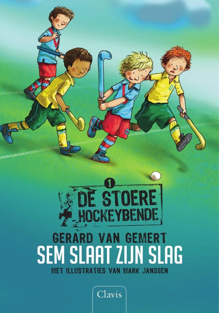 Boekomslag van Sem slaat zijn slag, deel 1 van De Stoere Hockeybende serie door Gerard van Gemert, met illustraties van Mark Janssen. De cover toont vier kinderen die vrolijk hockey spelen op een veld.