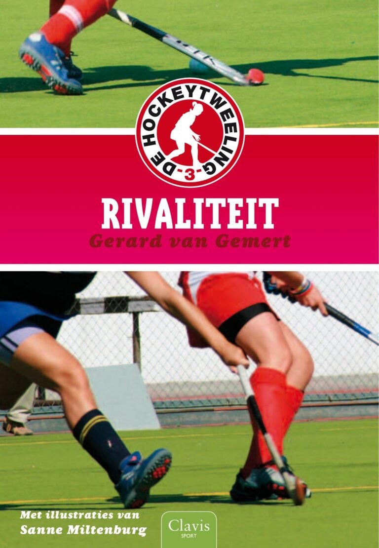 Boekomslag van Rivaliteit, deel 3 van De Hockeytweeling serie door Gerard van Gemert, met illustraties van Sanne Miltenburg. De cover toont een close-up van twee hockeyspelers in verschillende kleuren sokken die om de bal vechten.