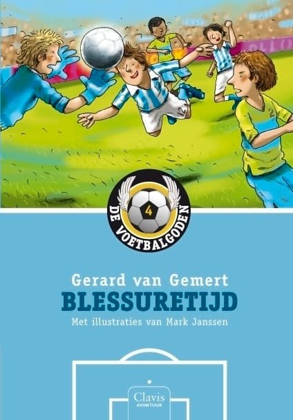 Boekomslag van Blessuretijd, deel 4 van De Voetbalgoden serie door Gerard van Gemert, met illustraties van Mark Janssen. De cover toont meerdere jongens die naar een bal in de lucht springen.
