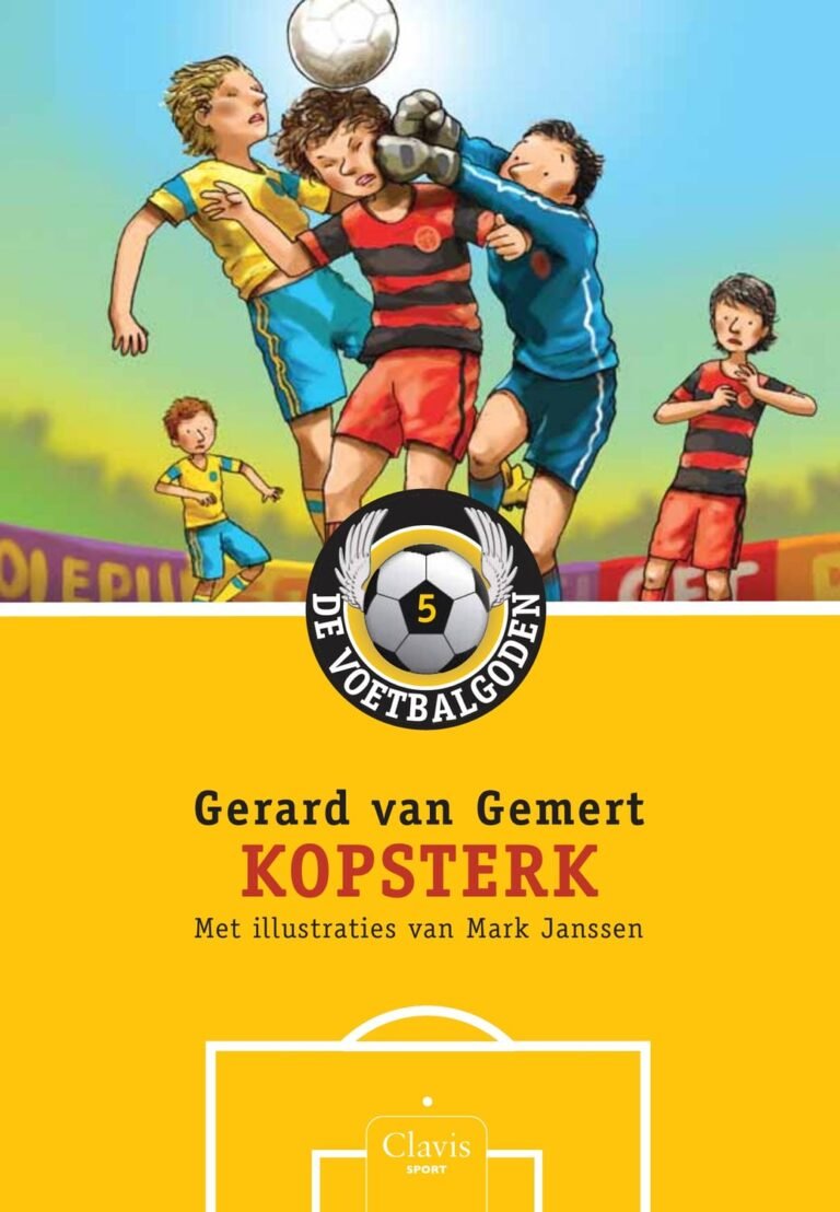 Boekomslag van Kopsterk, deel 5 van De Voetbalgoden serie door Gerard van Gemert, met illustraties van Mark Janssen. De cover toont drie jongens die kopballen naar een voetbal.
