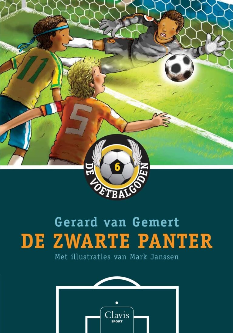 Boekomslag van De zwarte panter, deel 6 van De Voetbalgoden serie door Gerard van Gemert, met illustraties van Mark Janssen. De cover toont een spectaculaire reddingsactie van een keeper die als een panter de bal grijpt.