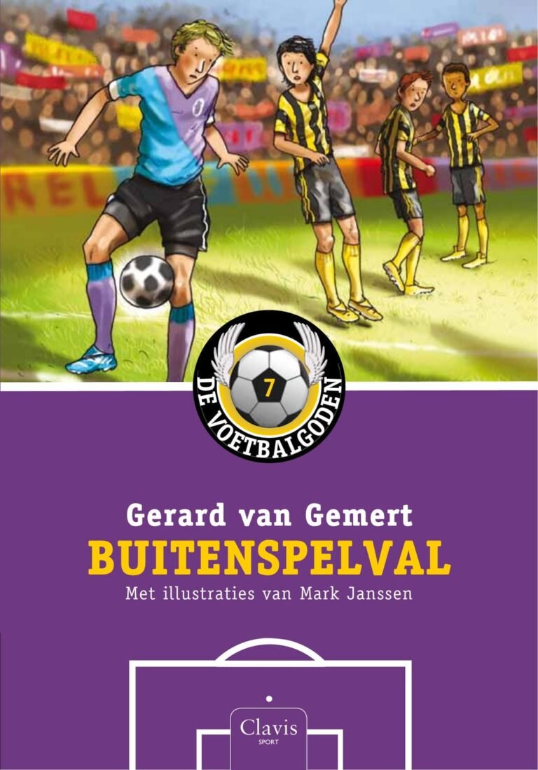 Boekomslag van Buitenspelval, deel 7 van De Voetbalgoden serie door Gerard van Gemert, met illustraties van Mark Janssen. De cover toont een jongen die buitenspel probeert te vermijden terwijl tegenstanders protesteren.