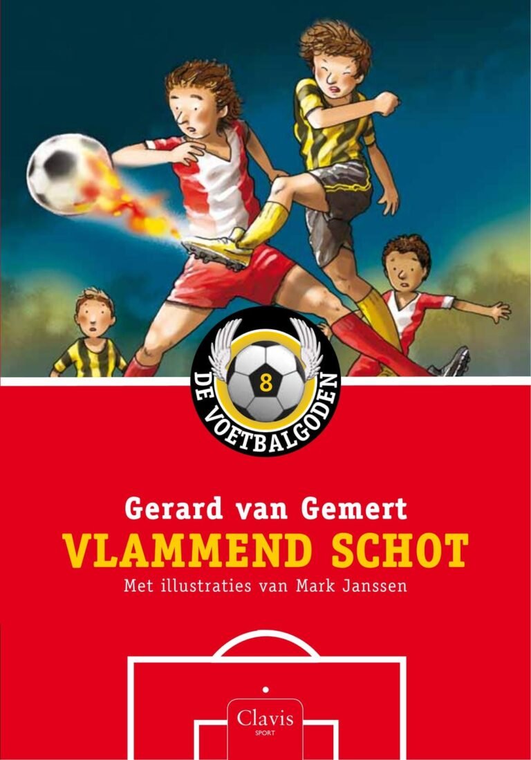 Boekomslag van Vlammend schot, deel 8 van De Voetbalgoden serie door Gerard van Gemert, met illustraties van Mark Janssen. De cover toont een jongen die een vlammend schot neemt terwijl andere spelers toekijken.