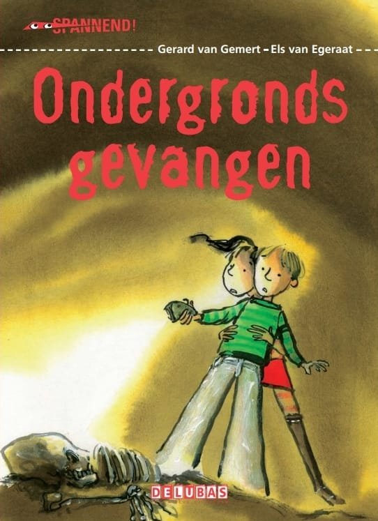 Boekomslag van 'Ondergronds gevangen' door Gerard van Gemert en Els van Egeraat, met twee kinderen die met een zaklamp ondergronds verkennen