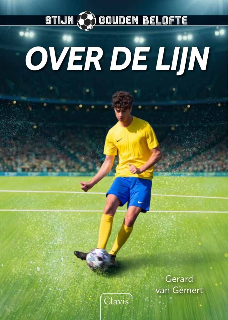 Boekomslag 'Over de lijn' van Gerard van Gemert - voetballer in geel shirt op stadionveld, serie Stijn gouden belofte deel 4